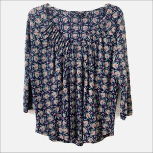 Lucky Brand Three Quarter Sleeved Rounded V-neck Floral Print Top Gathering Neck
